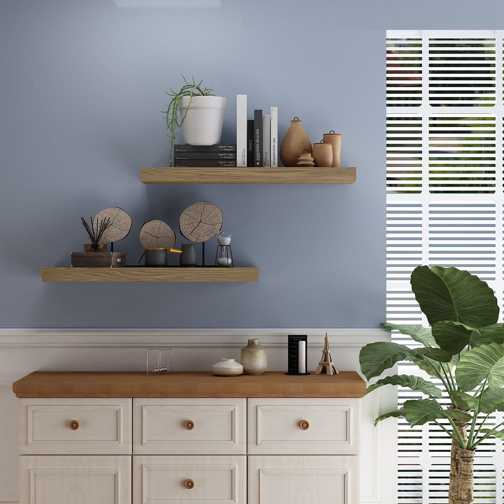 Floating Shelves for Wall 17 inch Natural Wood Shelves for Home Decor, Set of 2