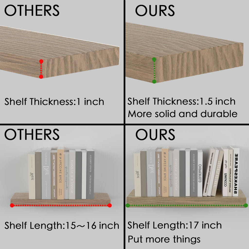 Floating Shelves for Wall 17 inch Natural Wood Shelves for Home Decor, Set of 2