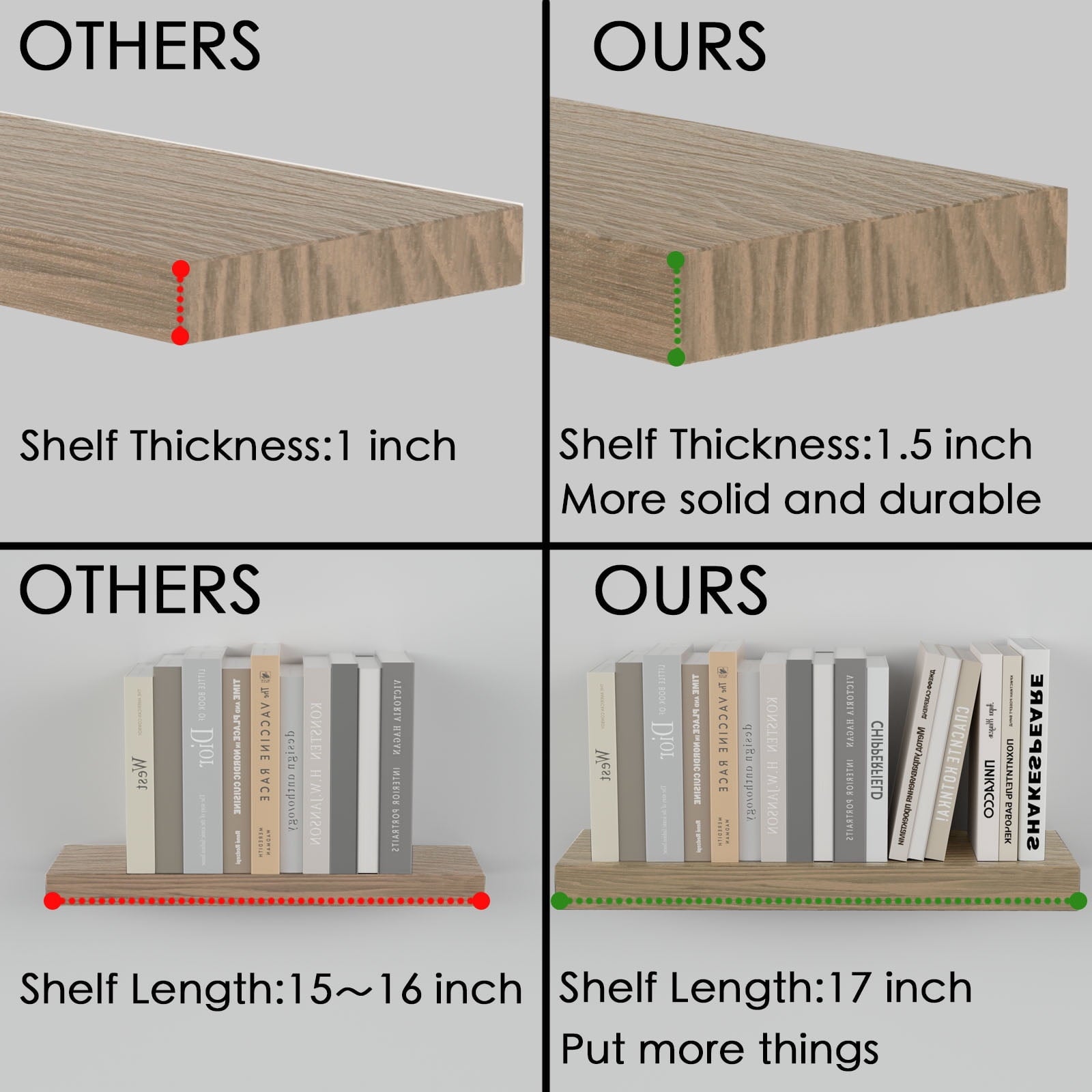 Floating Shelves for Wall 17 inch Natural Wood Shelves for Home Decor, Set of 2