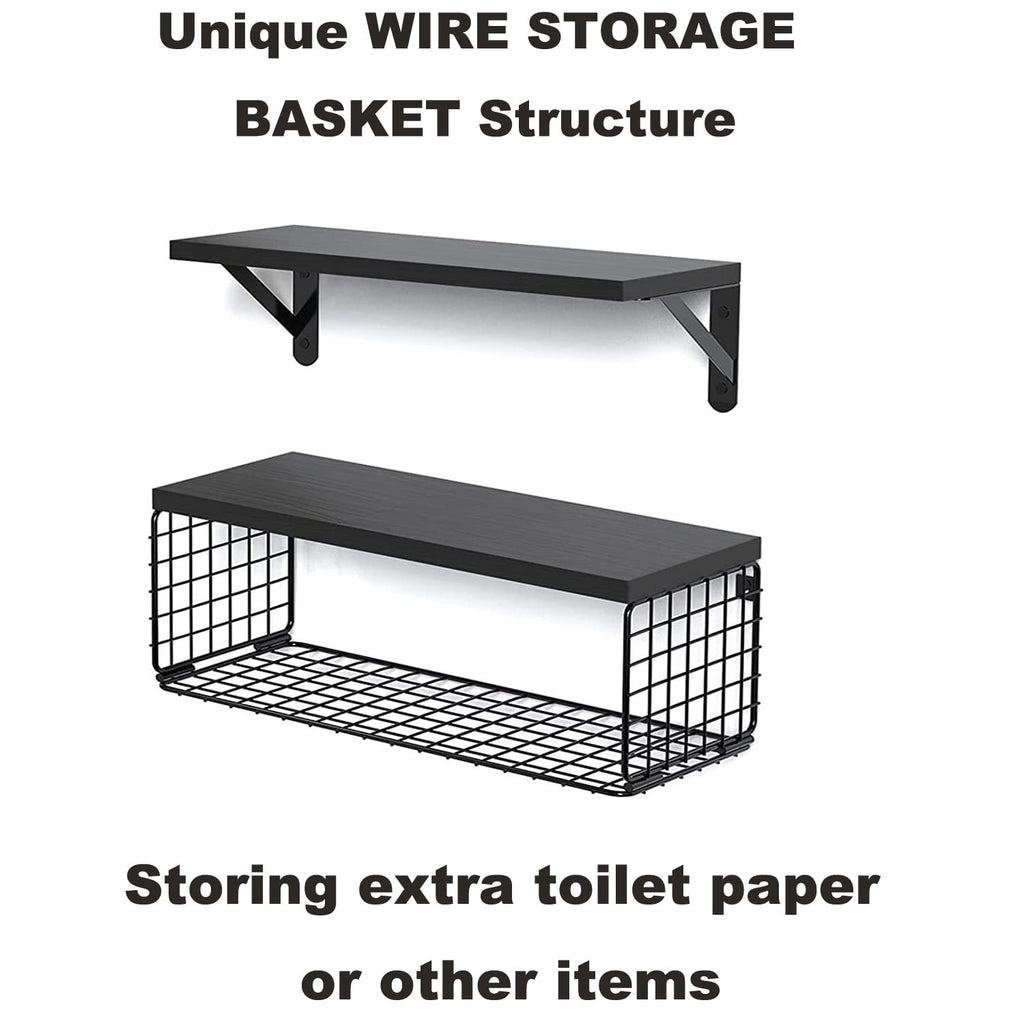 Set of 2+1 Wall-Mounted Floating Shelves W/Triangle Bracket & Frame, 16 Inch Black Rustic Wood Storage Shelf for Living Room Kitchen Bedroom Bathroom