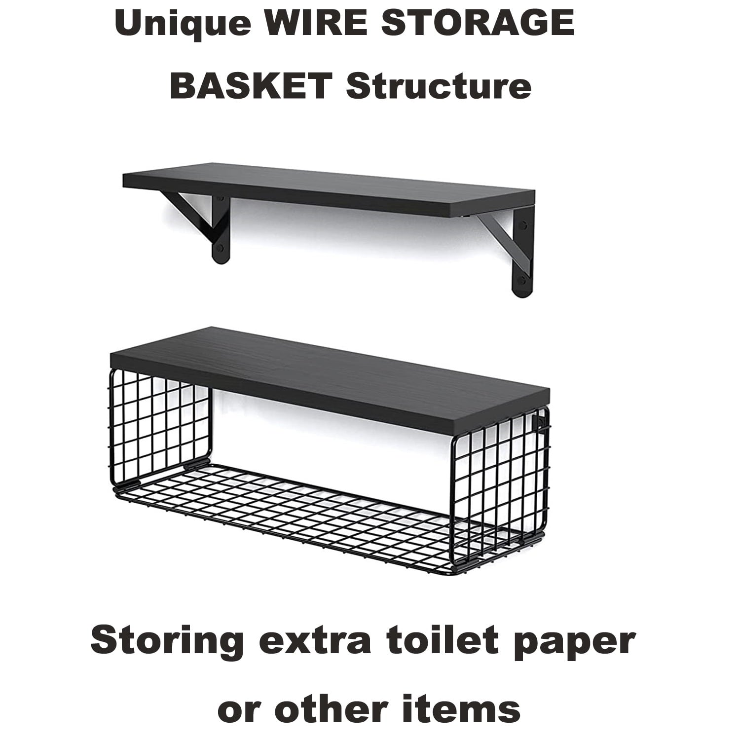 Set of 2+1 Wall-Mounted Floating Shelves W/Triangle Bracket & Frame, 16 Inch Black Rustic Wood Storage Shelf for Living Room Kitchen Bedroom Bathroom