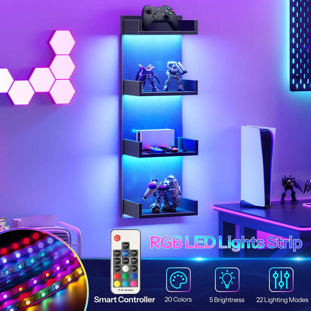 HOOBRO Vertical 4-Tier LED Floating Wall Shelves, Black