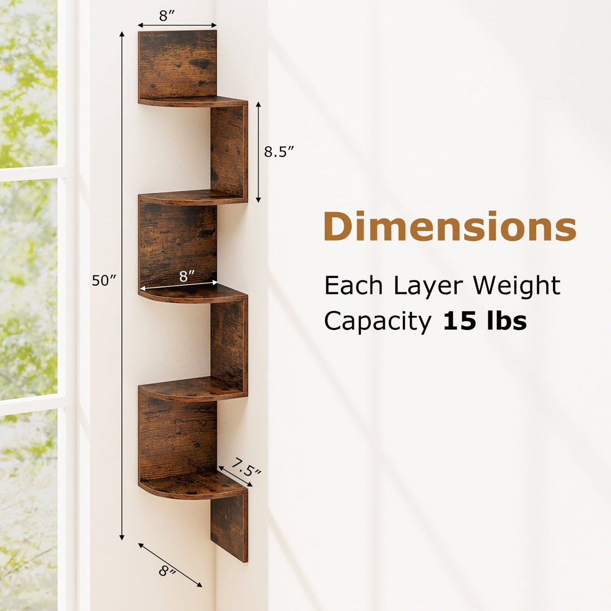 Topbuy 5-Tier Corner Shelf Wall Mount Floating Corner Bookshelf Industrial Corner Ladder Shelf Coffee