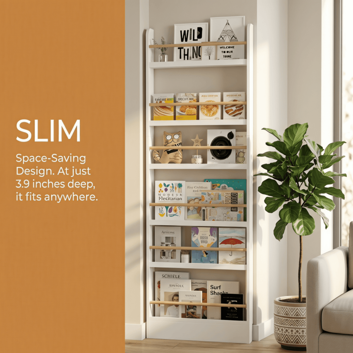 VGBYUJ 6 Tier Behind The Door Bookshelf, 70" Thin Narrow Bookshelf, Space Saving Wall Book Shelf Coner Bookshelf, White