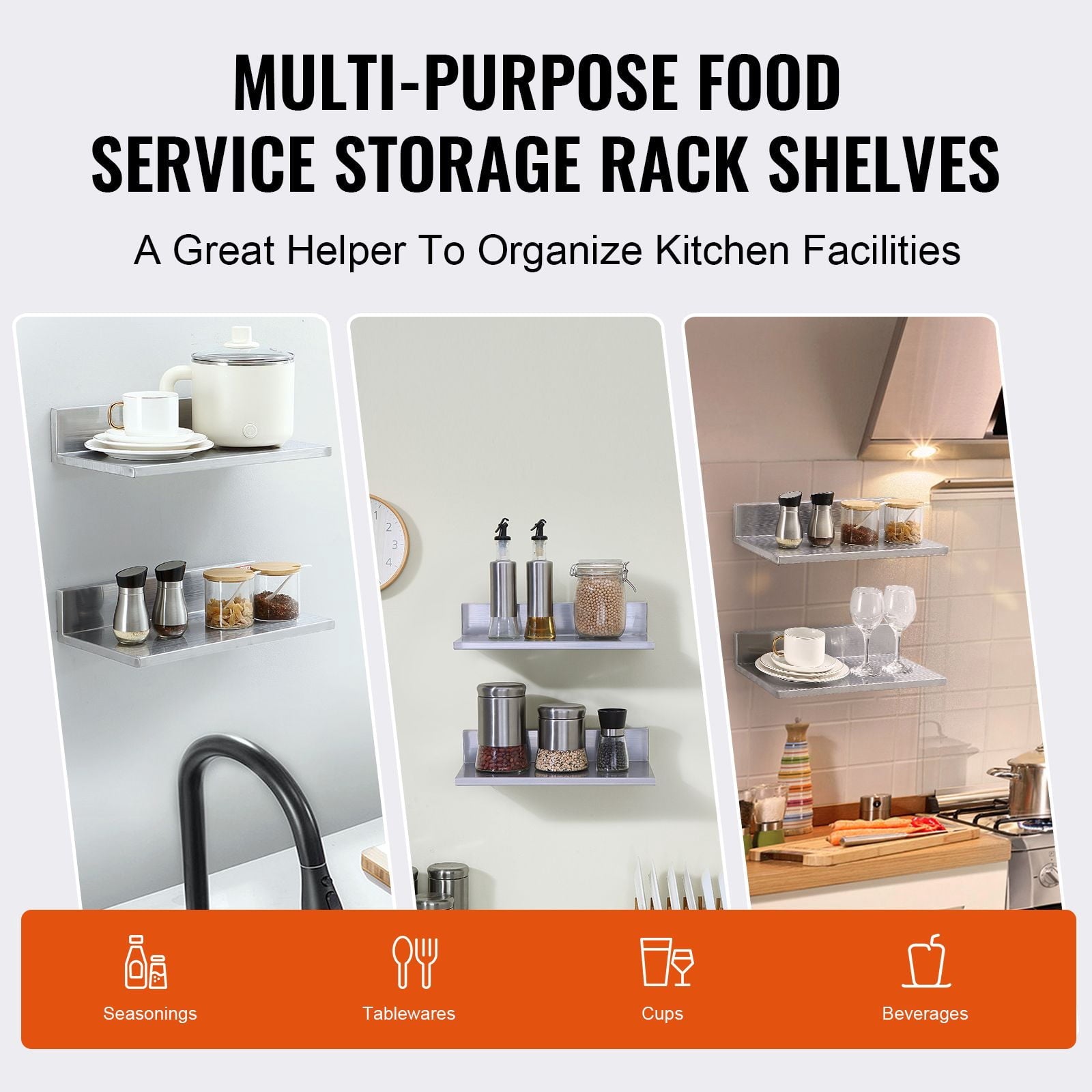 Wall-Mounted Stainless Steel Floating Shelf, 430 Stainless Steel, 44 lbs Capacity, L-Shape Design, for Kitchen Bedroom Garage