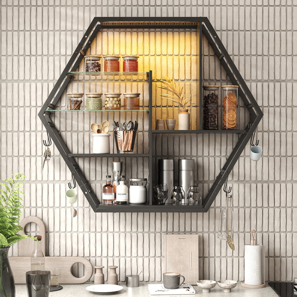 ModFurne LED Wall Shelves - Lighted Display Shelves With Extra Hooks For Gaming Rooms & Bars. Modern Black Floating Shelves With Built-In LED Lighting
