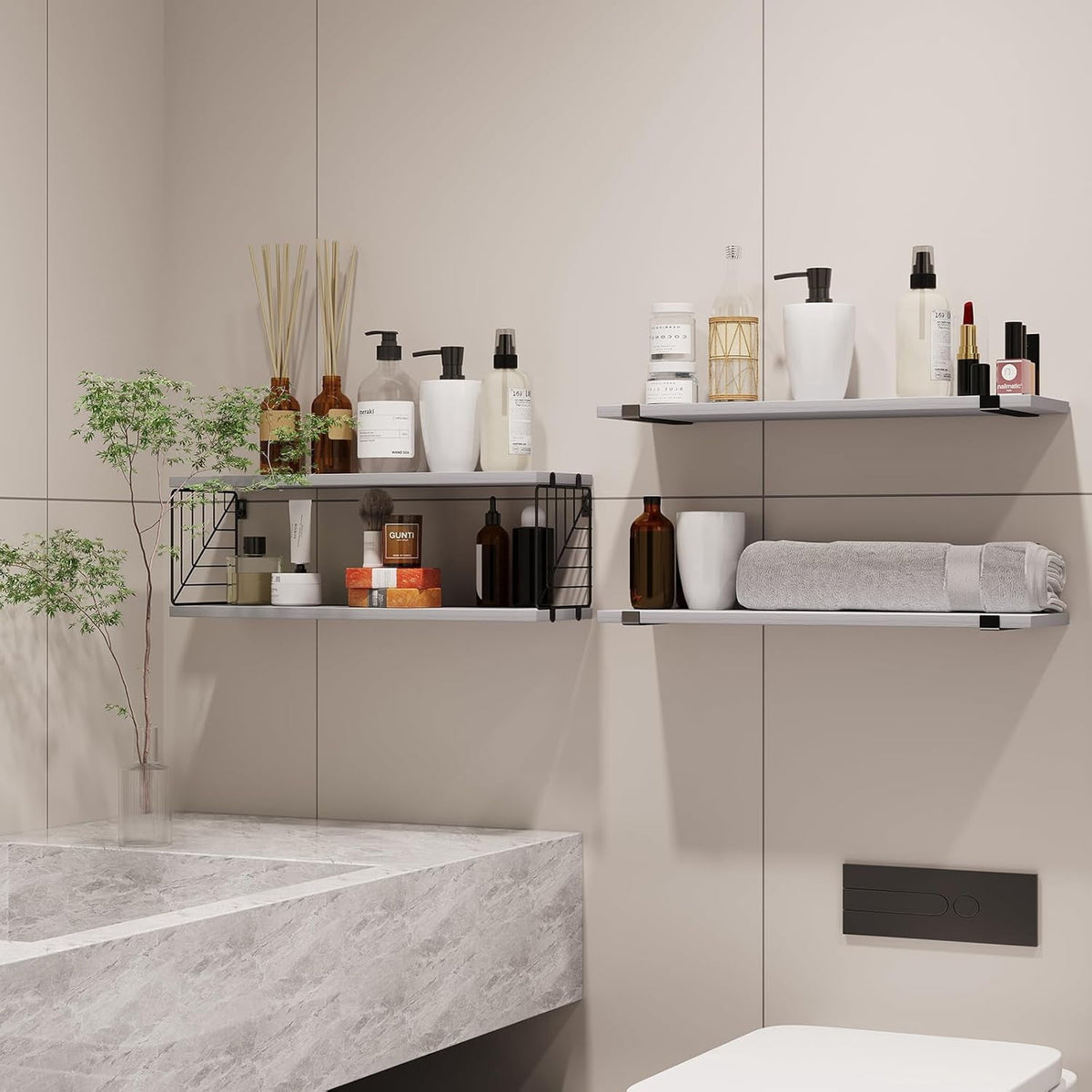 3+1 Tier Bathroom Floating Shelves Over Toilet, 15.8in Farmhouse Rustic Wood Shelves, Wall Decor for Bathroom, Living Room,Bedroom and Kitchen (Gray)