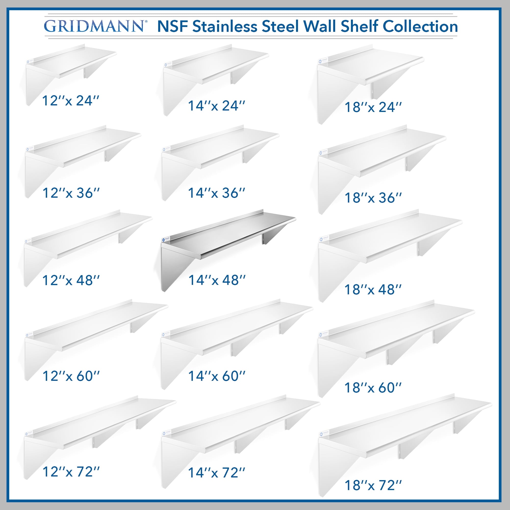 GRIDMANN 14" x 48" NSF Stainless Steel Kitchen Wall Mount Shelf w/ Backsplash