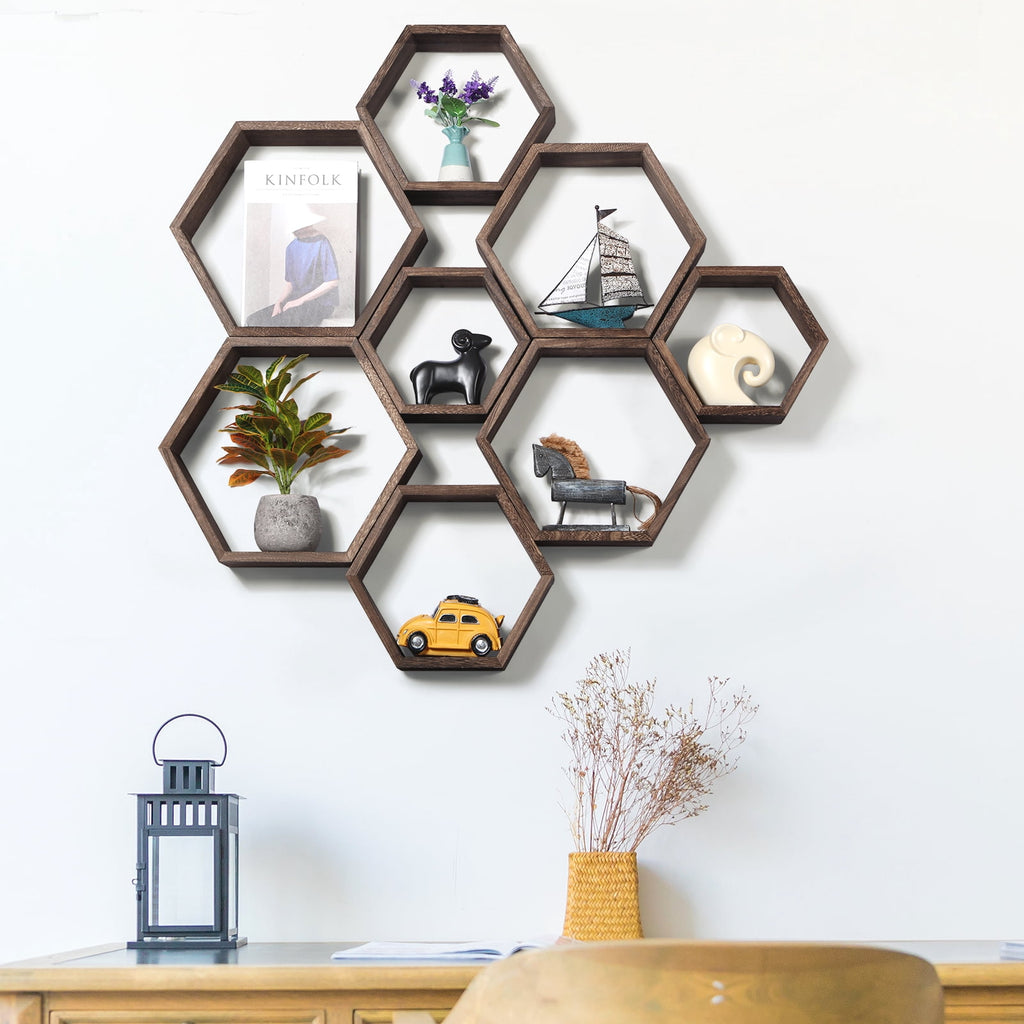 Hexagon Floating Shelves Set of 8 Honeycomb Shelves for Wall, Brown
