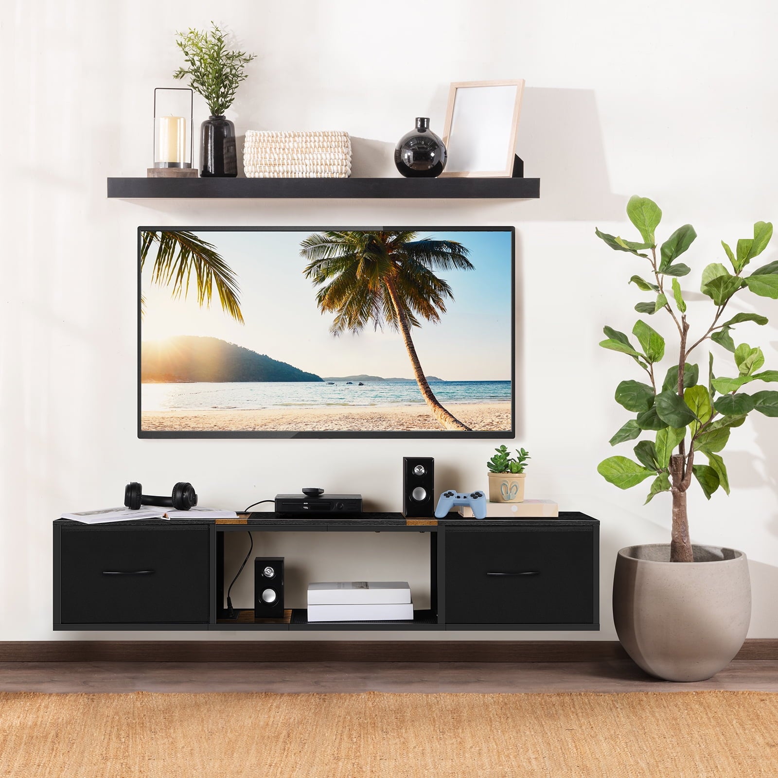 Wall Mounted Floating TV Stand with Power Outlets & Drawers, Modern Entertainment Center with USB Ports for Living Room, Bedroom, Black