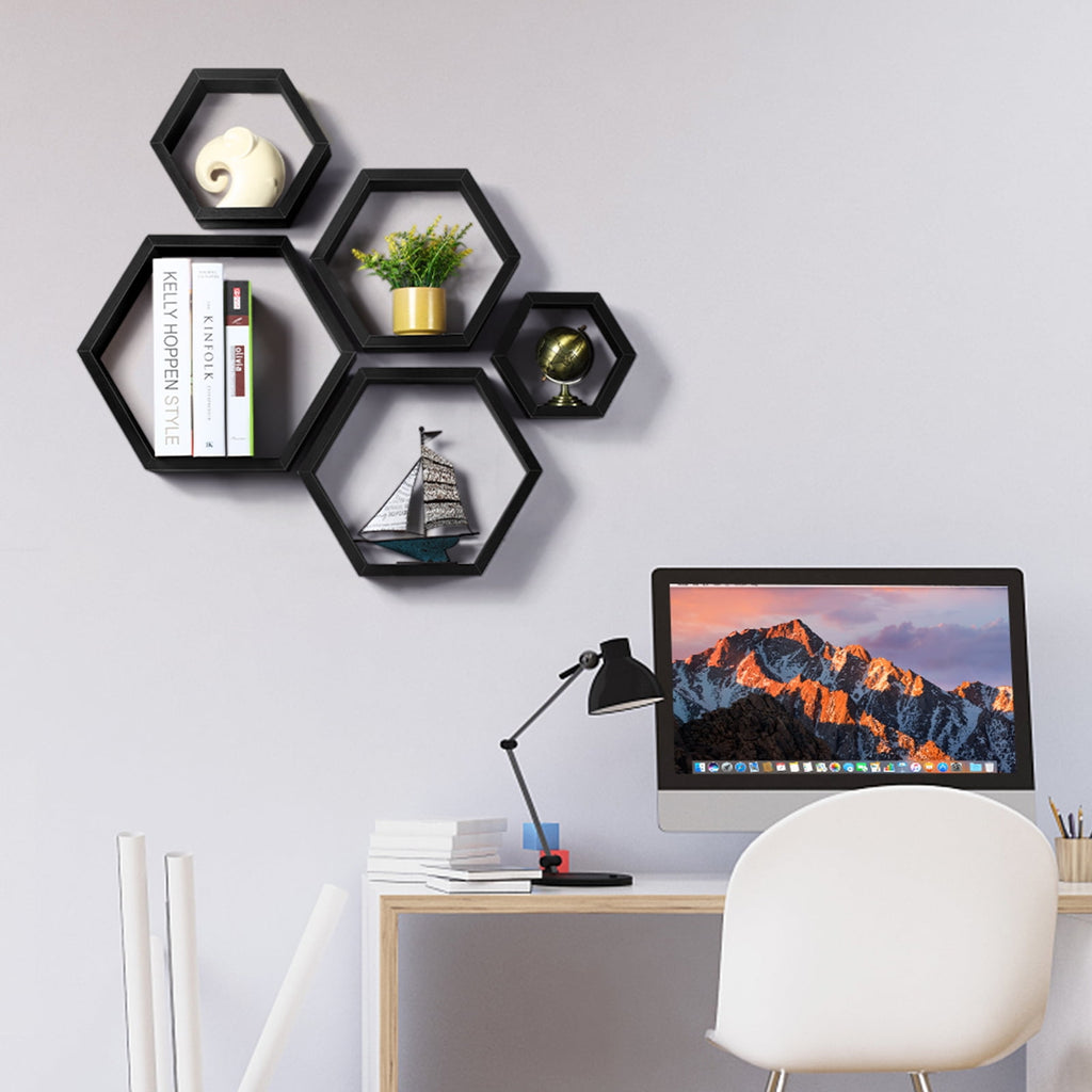 Hexagon Floating Shelves 5 Different Sizes Honeycomb Shelves for Wall, Black