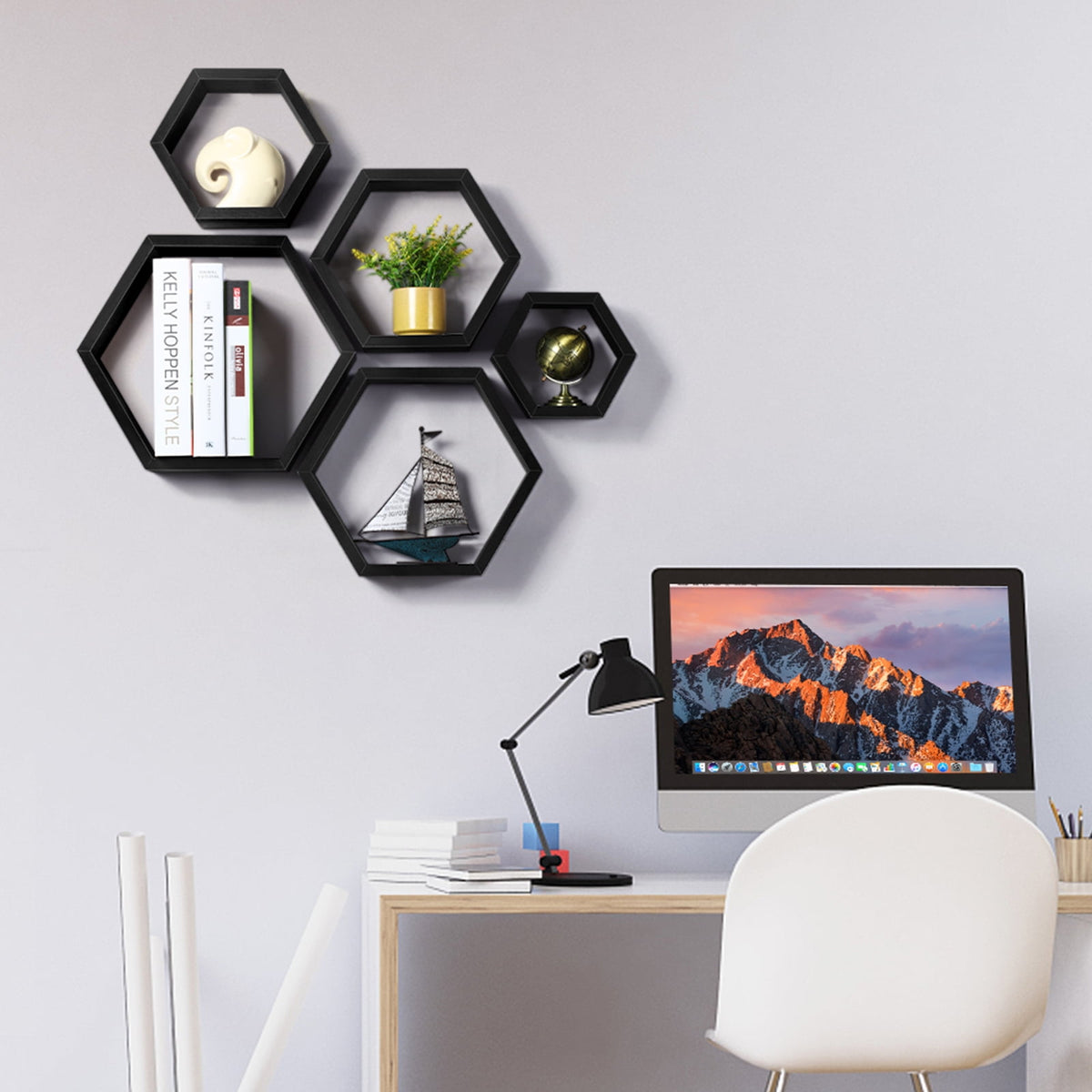 Hexagon Floating Shelves 5 Different Sizes Honeycomb Shelves for Wall, Black