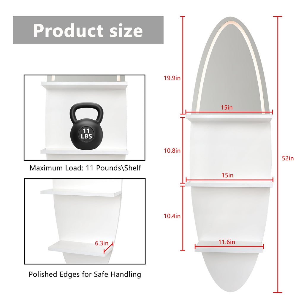 LEFINITO Surfboard Shaped LED Mirrored Floating Wall Storage Shelf, White Wall Shelf with Light for Home Decor