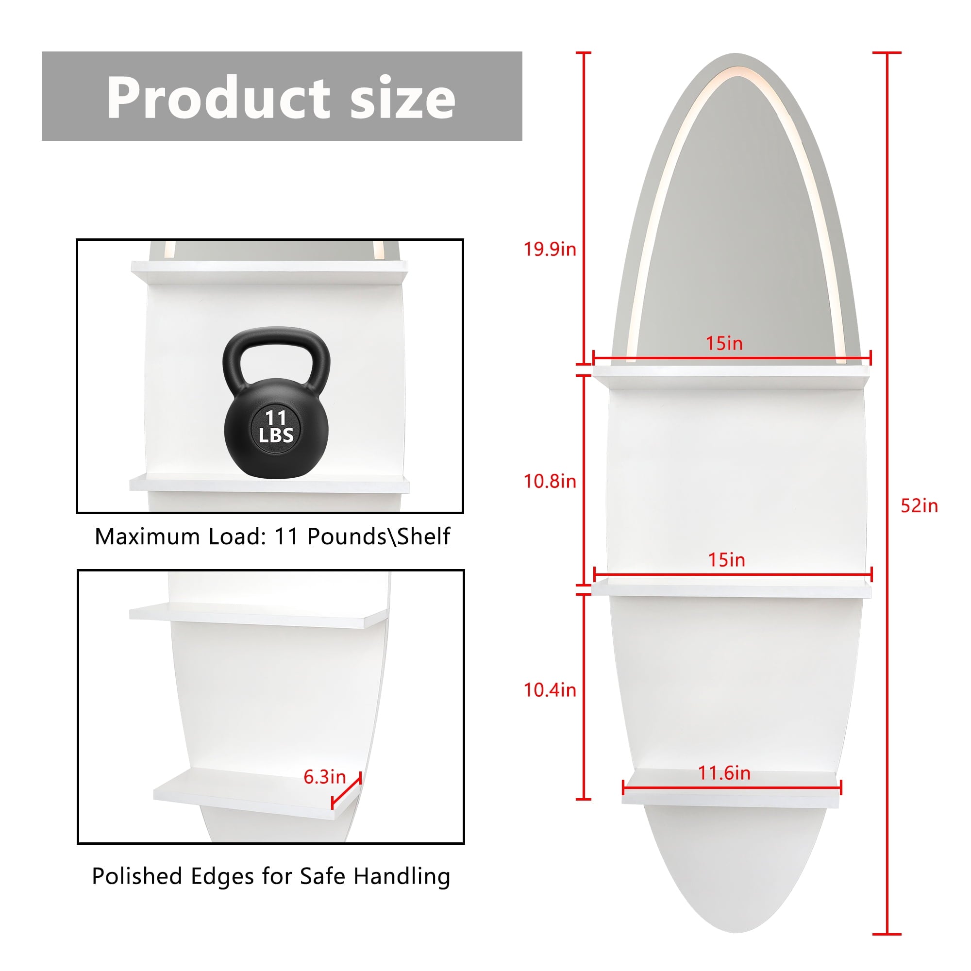 LEFINITO Surfboard Shaped LED Mirrored Floating Wall Storage Shelf, White Wall Shelf with Light for Home Decor