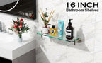 Woindo Bathroom Glass Shelf, Floating Tempered Glass Bathroom Wall Shelf Rectangle 16 Inch Shelves Brushed Nickel Bracket Mount Modern