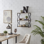 Danya B. Rustic Brown Industrial Zigzag Black Iron Floating 3-Tier Wall Shelf