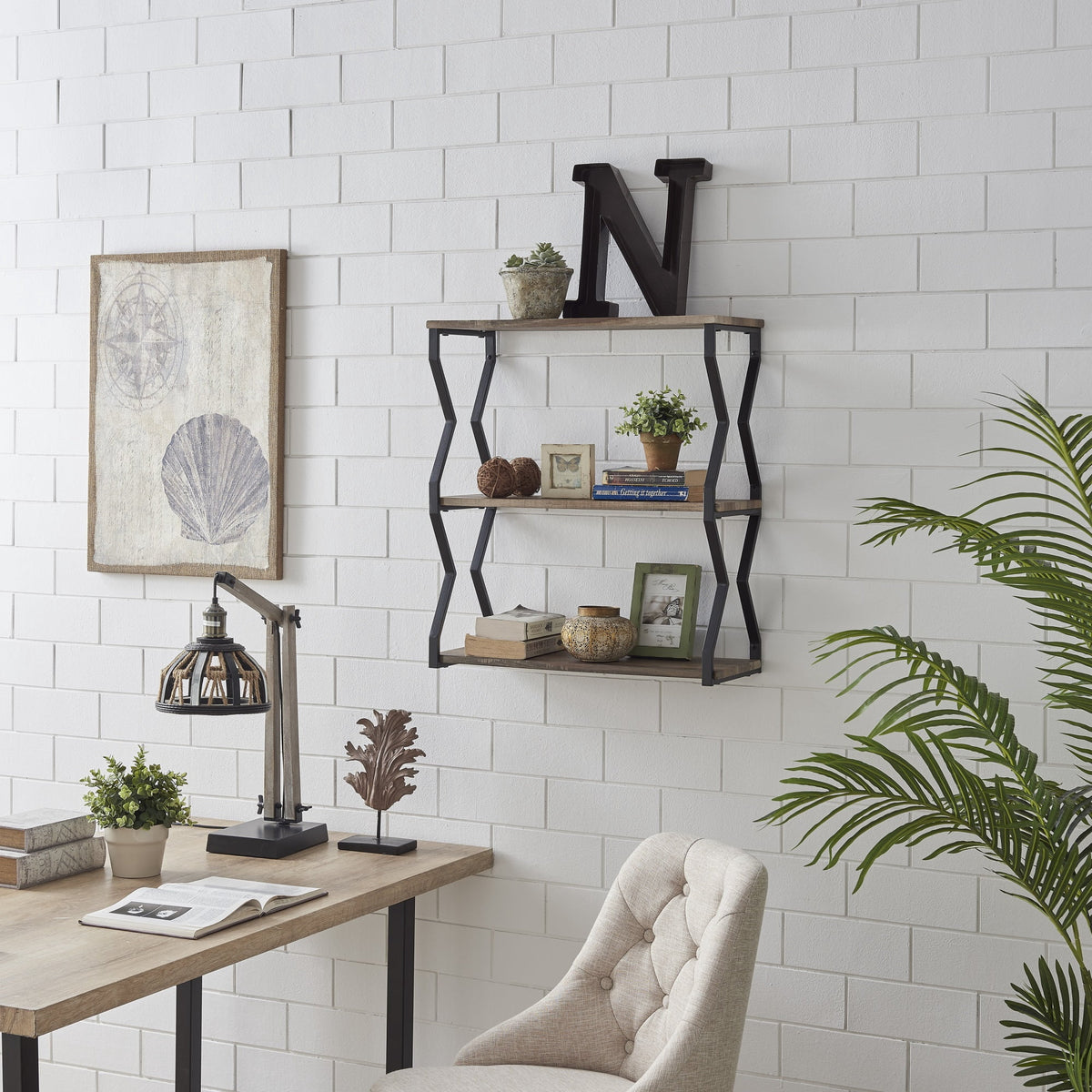 Danya B. Rustic Brown Industrial Zigzag Black Iron Floating 3-Tier Wall Shelf