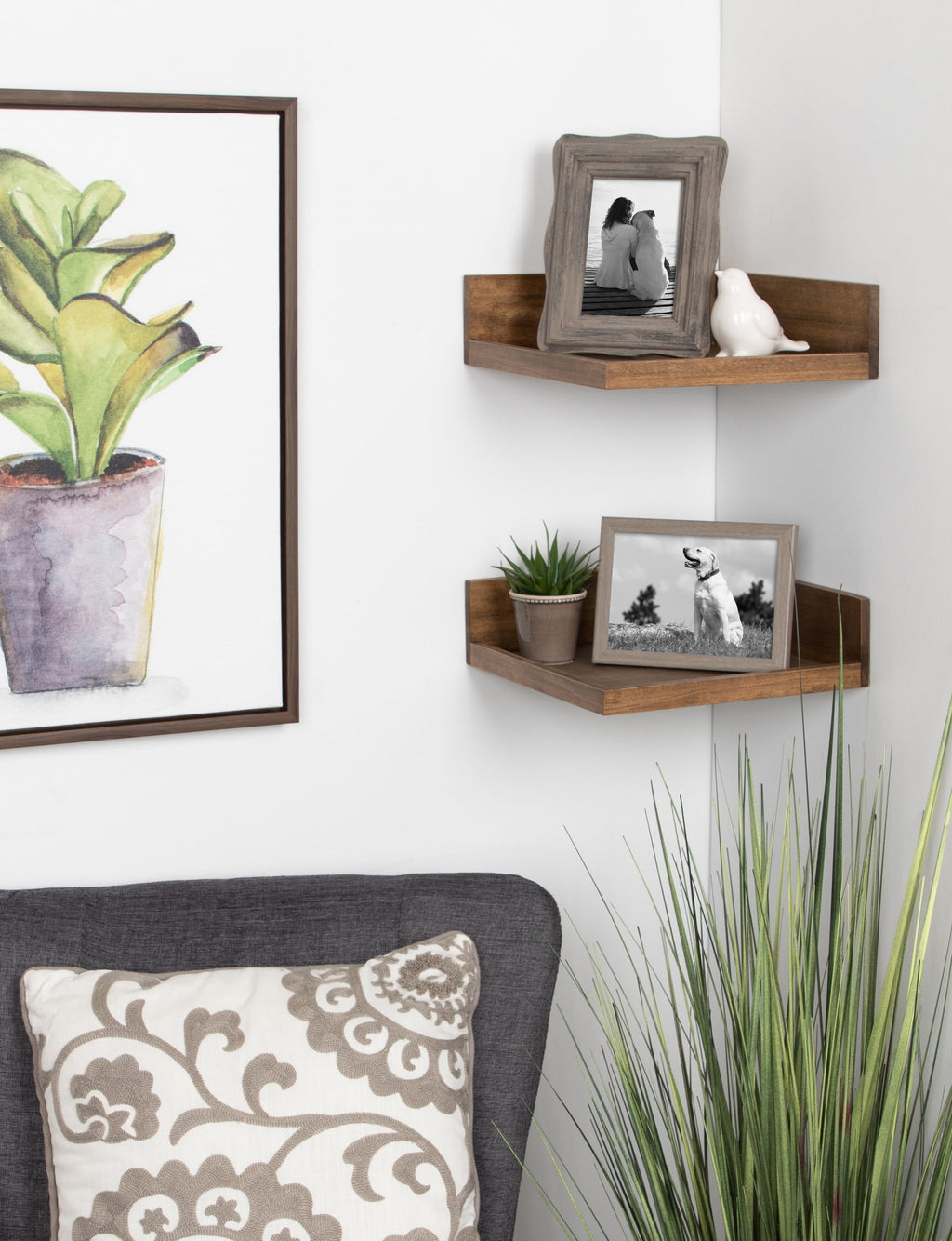 Kate and Laurel Levie Rustic Modern Floating Corner Wood Wall Shelves, 12 x 12 Inches, 2 pack, Rustic Brown