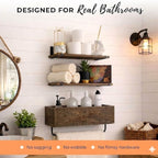 Autumn Alley Rustic Farmhouse Bathroom Shelves Wall Mounted – Industrial Floating Shelves for Bathroom With Towel Bar – Stunning Inlaid Wood Design, Above Toilet Shelves Rustic Towel Rack