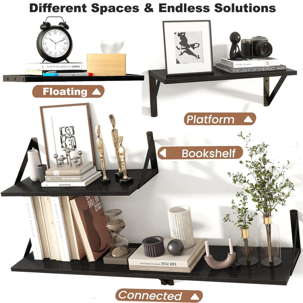 TABGIME Multi-size Wall-Mounted Floating Shelves W/Triangle Bracket, Rustic Decor Set of 4 Natural Burnt Wood Storage Shelf for Livingroom Kitchen Bedroom, Bathroom Shelves Over The Toilet