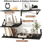 TABGIME Multi-size Wall-Mounted Floating Shelves W/Triangle Bracket, Rustic Decor Set of 4 Natural Burnt Wood Storage Shelf for Livingroom Kitchen Bedroom, Bathroom Shelves Over The Toilet