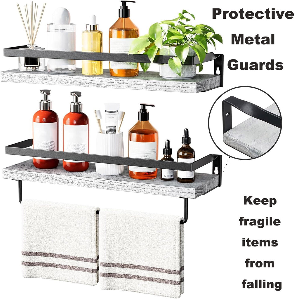 16" Wall-Mounted Floating Shelves W/Rack & Towel Bar, Home Decor 2-Tier White Wood Storage Shelf for Livingroom Kitchen Bedroom, Bathroom Shelves Over The Toilet