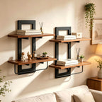 2 Pack 2 Tier Floating Wall Shelves, Rustic Wood Wall Mount Storage Organizer, Decorative Wall Display Rack for Bedroom Living Room Bathroom