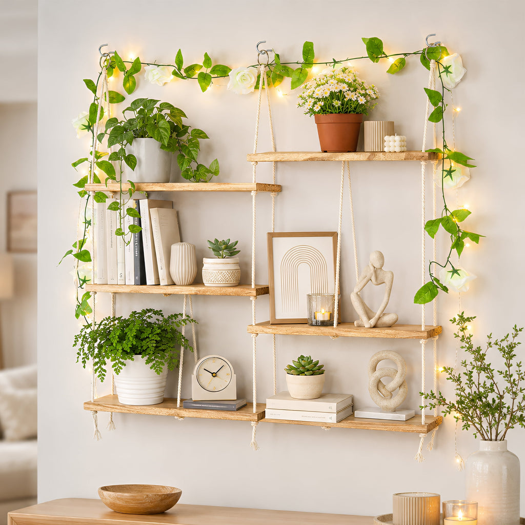 AMTPM Hanging Shelves for Wall, 5 Tier Boho Wall Decor Hanging Plant Shelf Floating Shelves Rope Rustic Wood Organizer Storage Hanger Rack for Aesthetic Home Bedroom Kitchen Bathroom