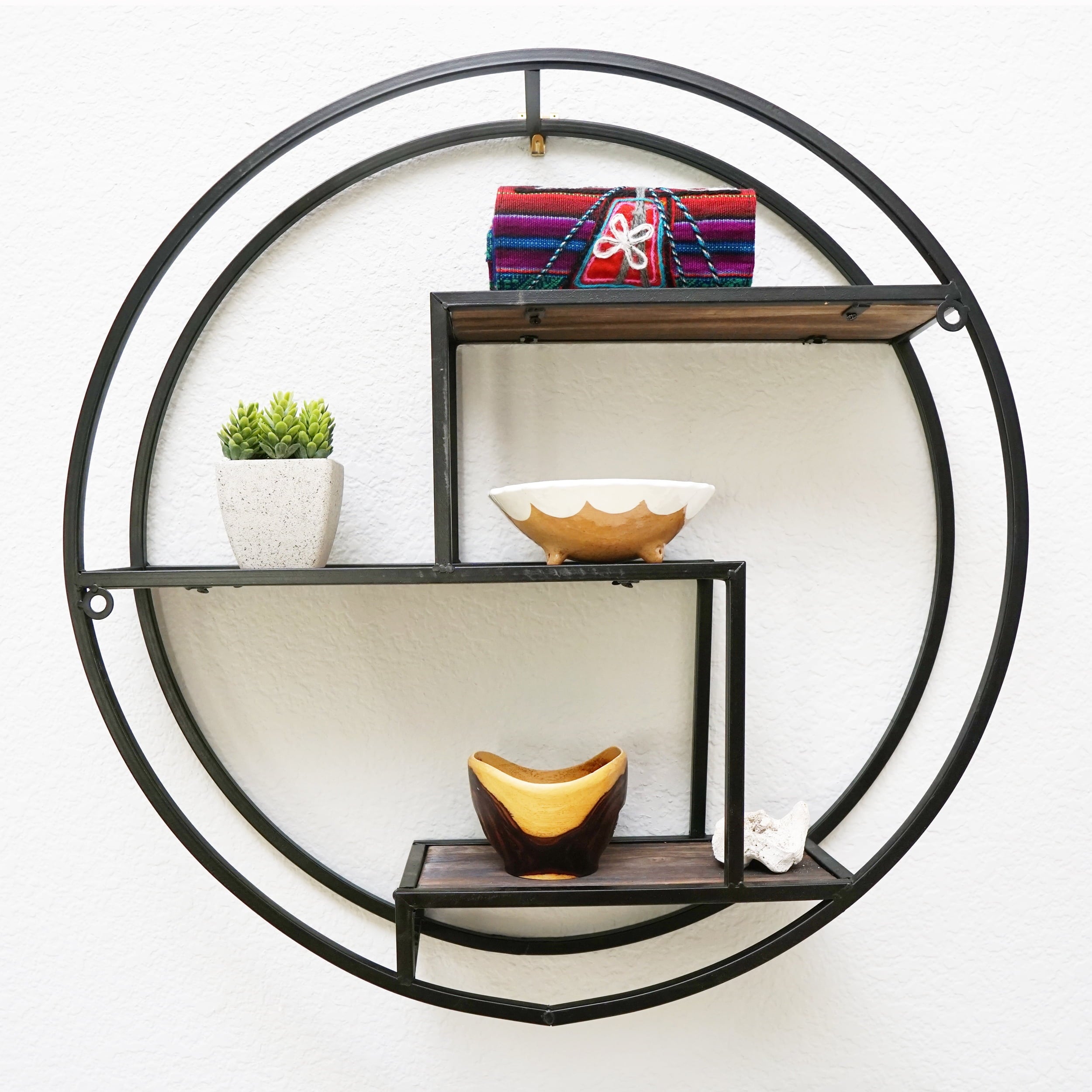 Admired By Nature 23 Inches Round wall-mounted Iron hanging storage floating shelves, Black