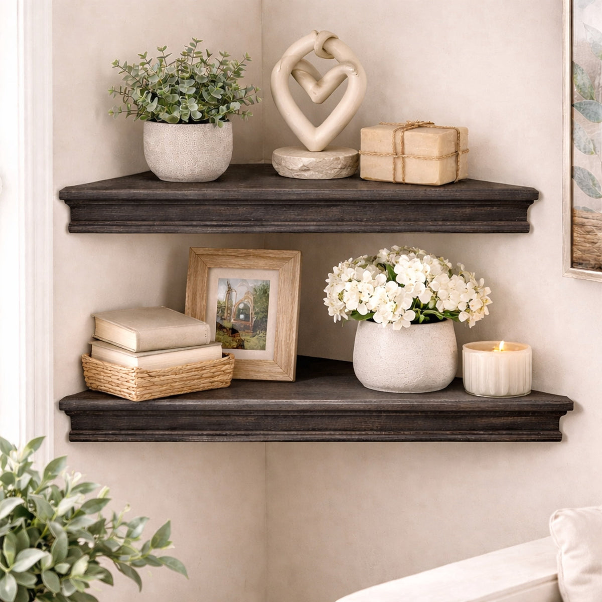 3-Piece Rustic Farmhouse Whitewashed Floating Corner Wall Shelves for Storage and Display - Set of 3, White