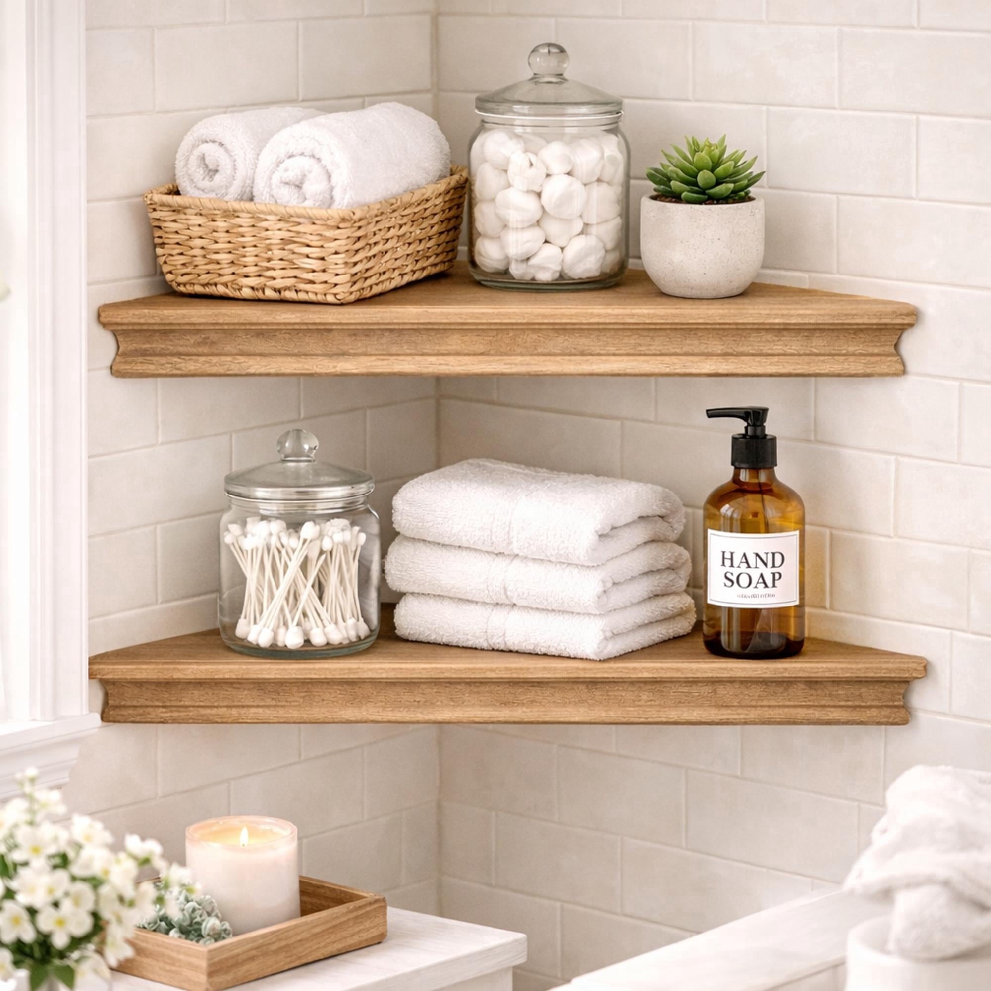 3-Piece Rustic Farmhouse Whitewashed Floating Corner Wall Shelves for Storage and Display - Set of 3, White