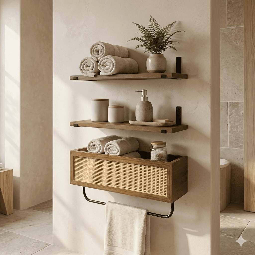 Autumn Alley Farmhouse Floating Shelves for Bathroom – Above Toilet Shelves with Rattan Basket Caning Organizer, Wood Floating Shelf Bathroom Storage, Wall Shelves Bathroom Décor, 3 Tier