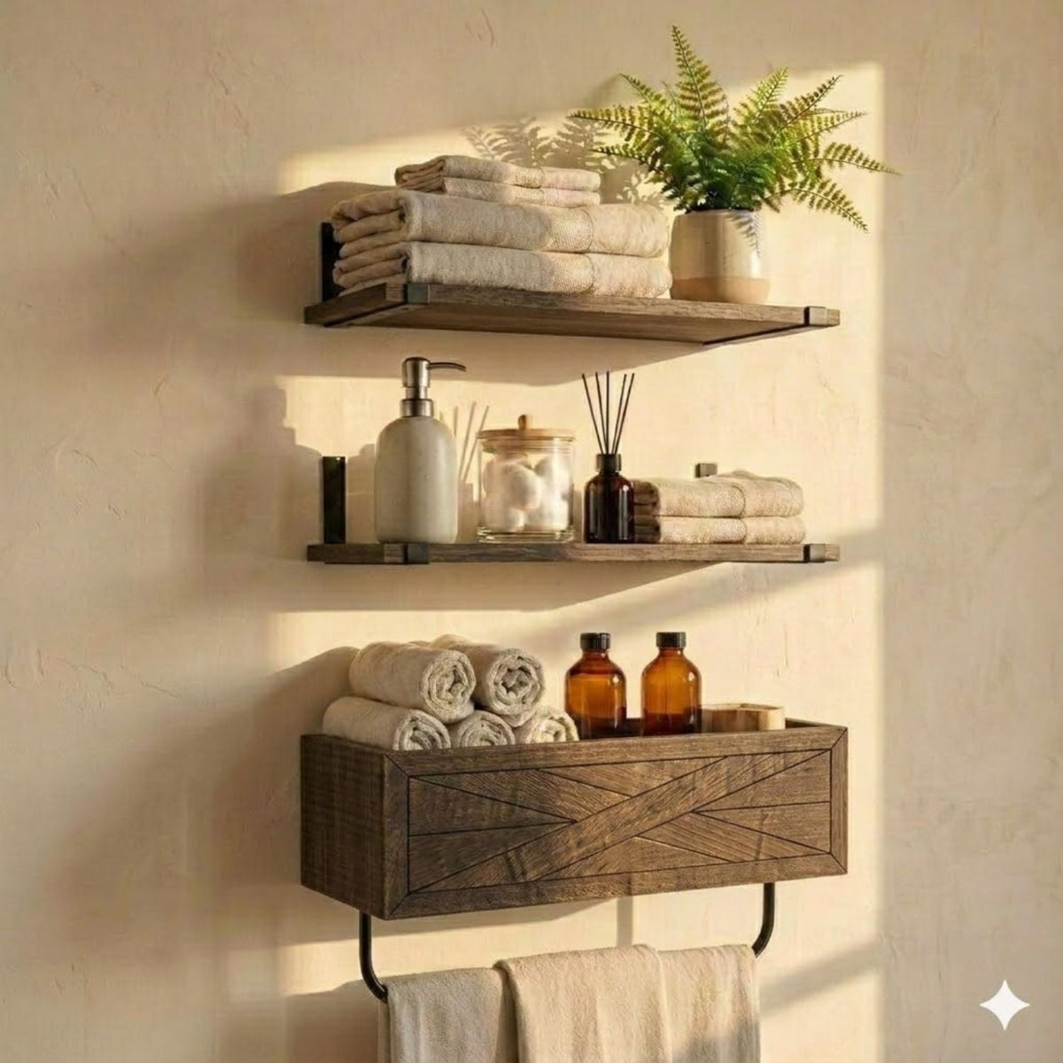 Autumn Alley Rustic Farmhouse Bathroom Shelves Wall Mounted – Industrial Floating Shelves for Bathroom With Towel Bar – Stunning Inlaid Wood Design, Above Toilet Shelves Rustic Towel Rack