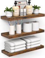 BAYKA Floating Shelves for Wall – Bathroom Shelves Rustic Wood with Metal Brackets for Bathroom, Bedroom, Kitchen, or Living Room Decor – Rustic Brown, 3 Set, Sturdy Storage with 22lb Capacity