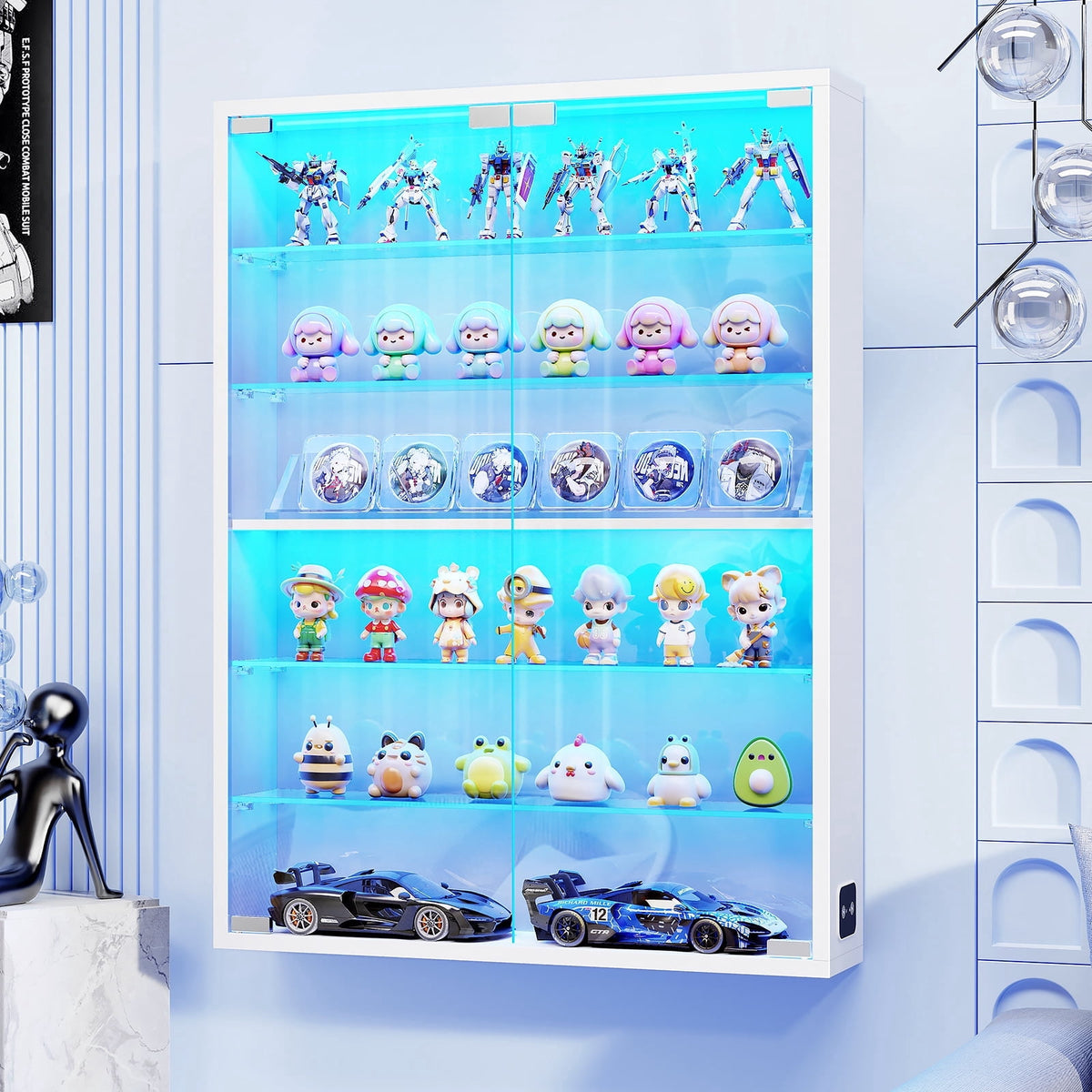 BROTTAR 6-Tier Wall Display Case with Glass Doors, LED Display Cabinet with Adjustable Glass Shelves, Display Case for Collectibles, White