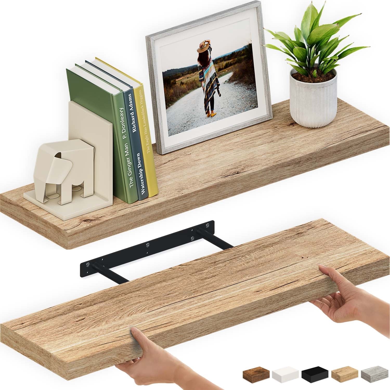 Ballucci 36" Floating Shelves, 2-Pack Wood Wall Shelf Set with Invisible Brackets, 8" Deep, Oak Finish