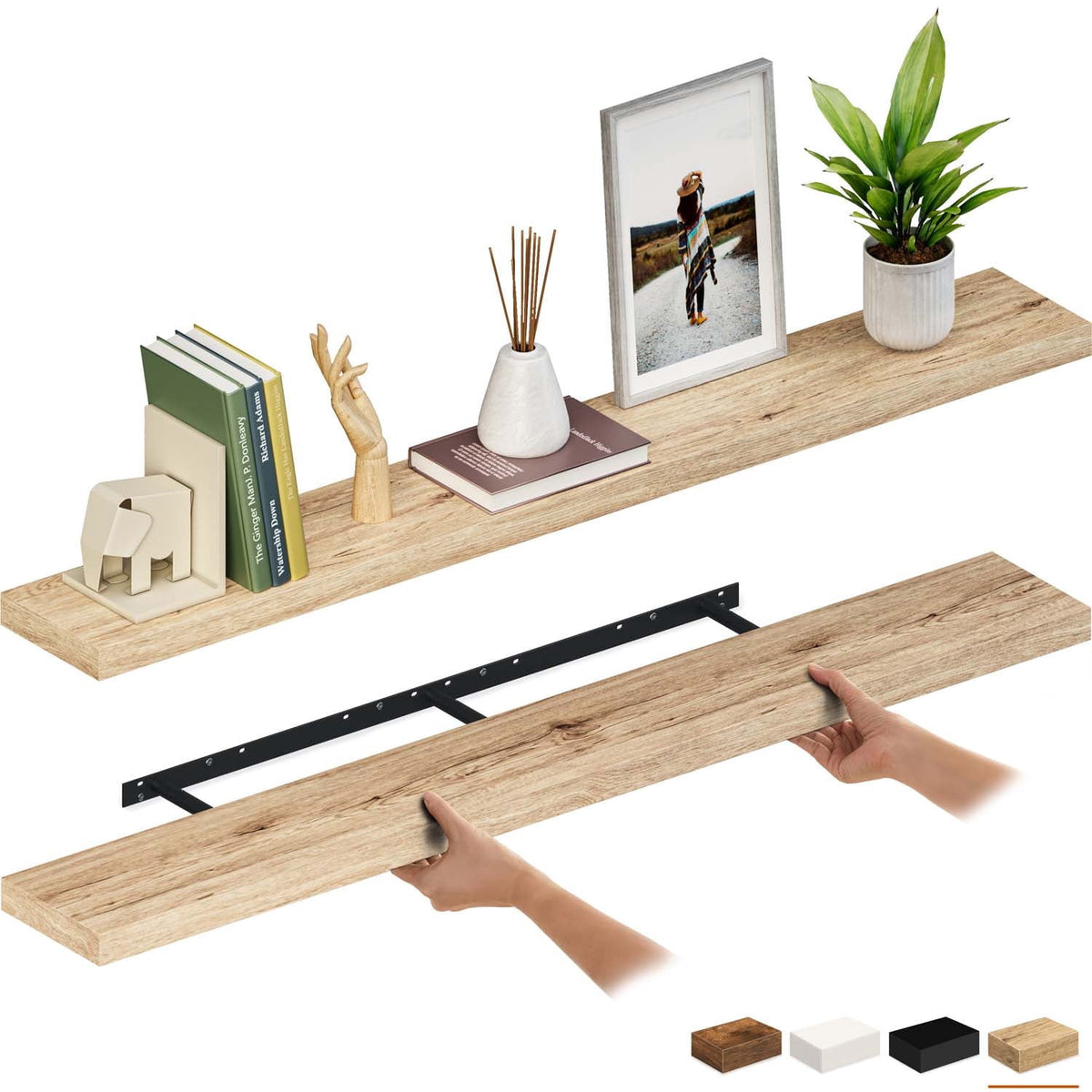 Ballucci 48" Floating Shelves, 2-Pack Wood Wall Shelf Set with Invisible Brackets, 8" Deep, Rustic Brown