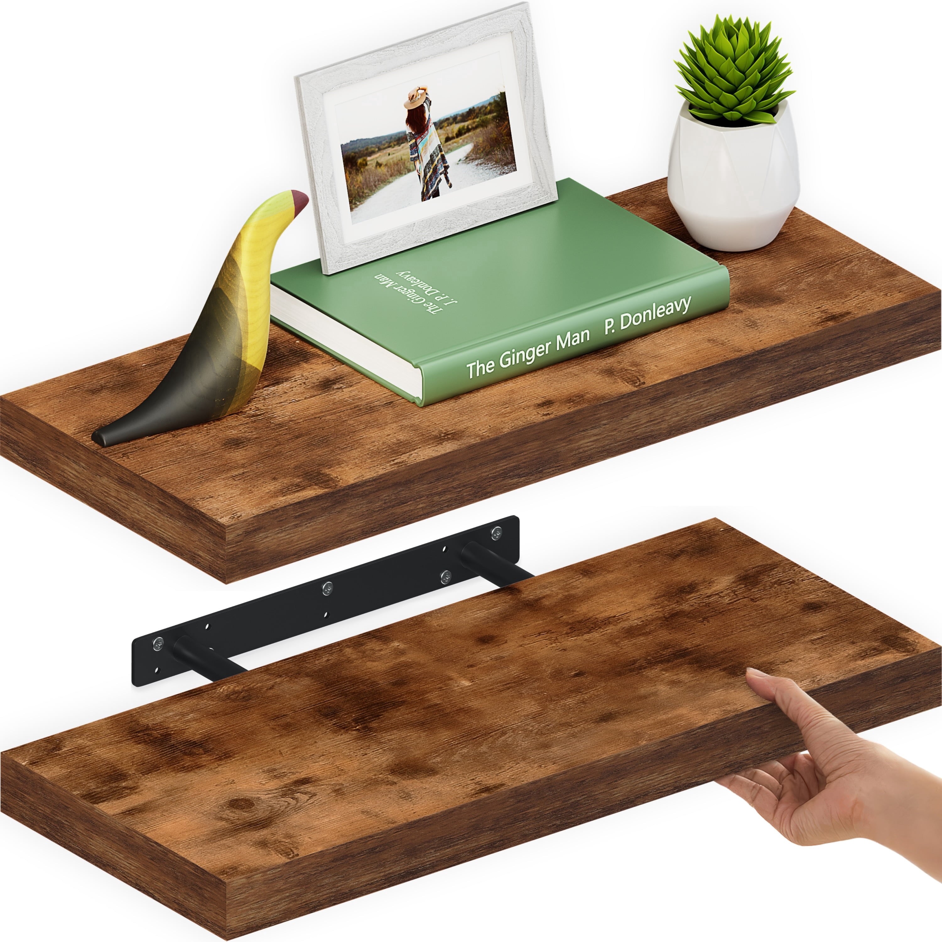 Ballucci 36" Floating Shelves, 2-Pack Wood Wall Shelf Set with Invisible Brackets, 8" Deep, Oak Finish
