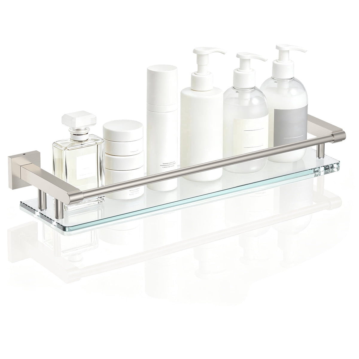 Bathroom Glass Shelf with Full-coverage Railing, Floating Tempered Glass Bathroom Wall Shelf Rectangle 20 Inch Shelves Chrome Polished Bracket Mount Modern