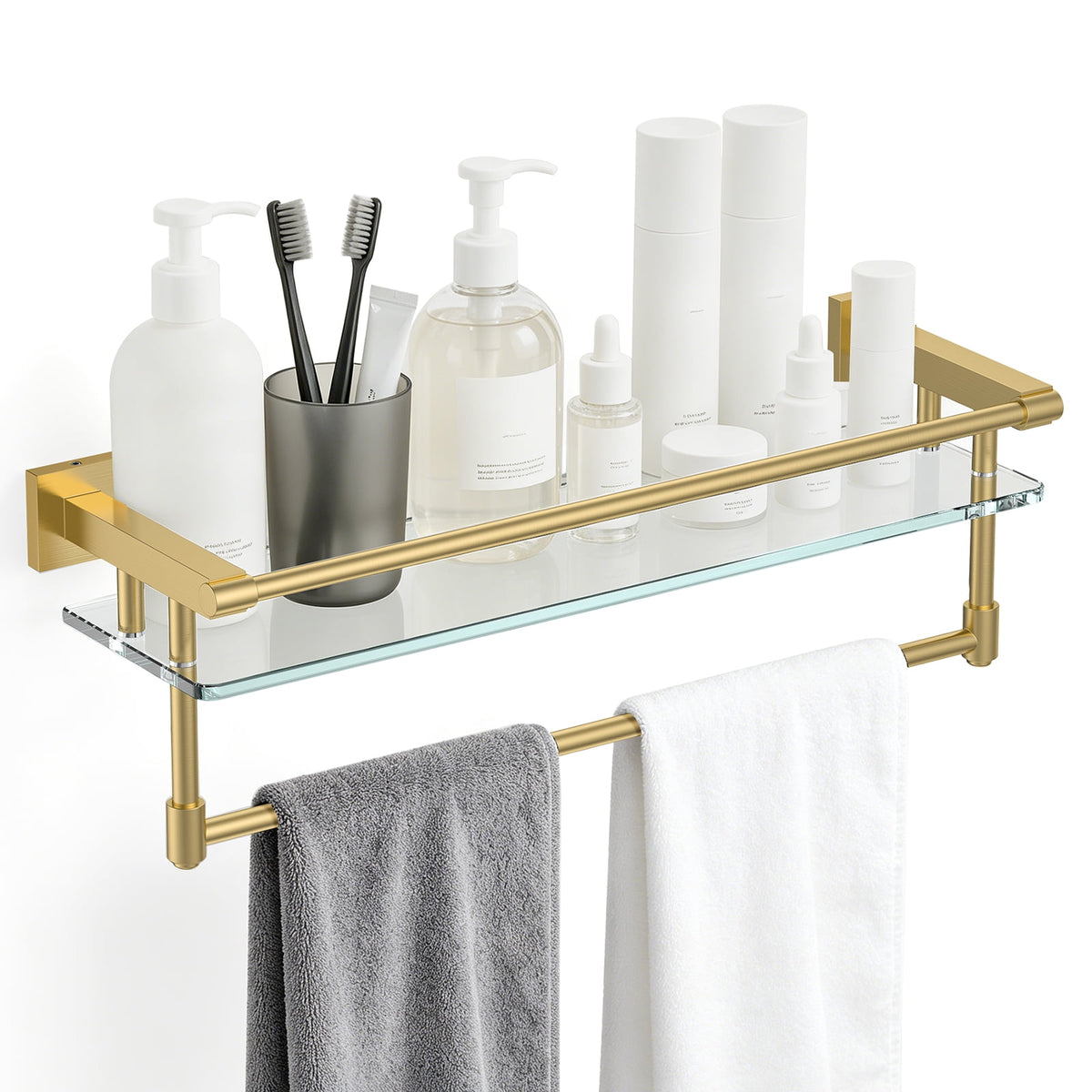 Bathroom Glass Shelf with Full-coverage Railing, Floating Tempered Glass Bathroom Wall Shelf Rectangle 20 Inch Over The Toilet Storage Cabinet, Towels, Gaming Floating Shelves, Bathroom Accessories