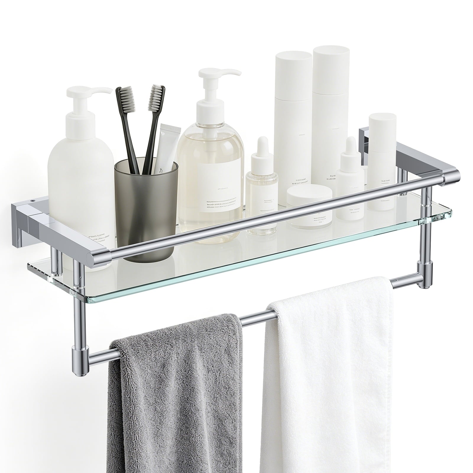 Bathroom Glass Shelf with Full-coverage Railing, Floating Tempered Glass Bathroom Wall Shelf Rectangle 20 Inch Over The Toilet Storage Cabinet, Towels, Gaming Floating Shelves, Bathroom Accessories