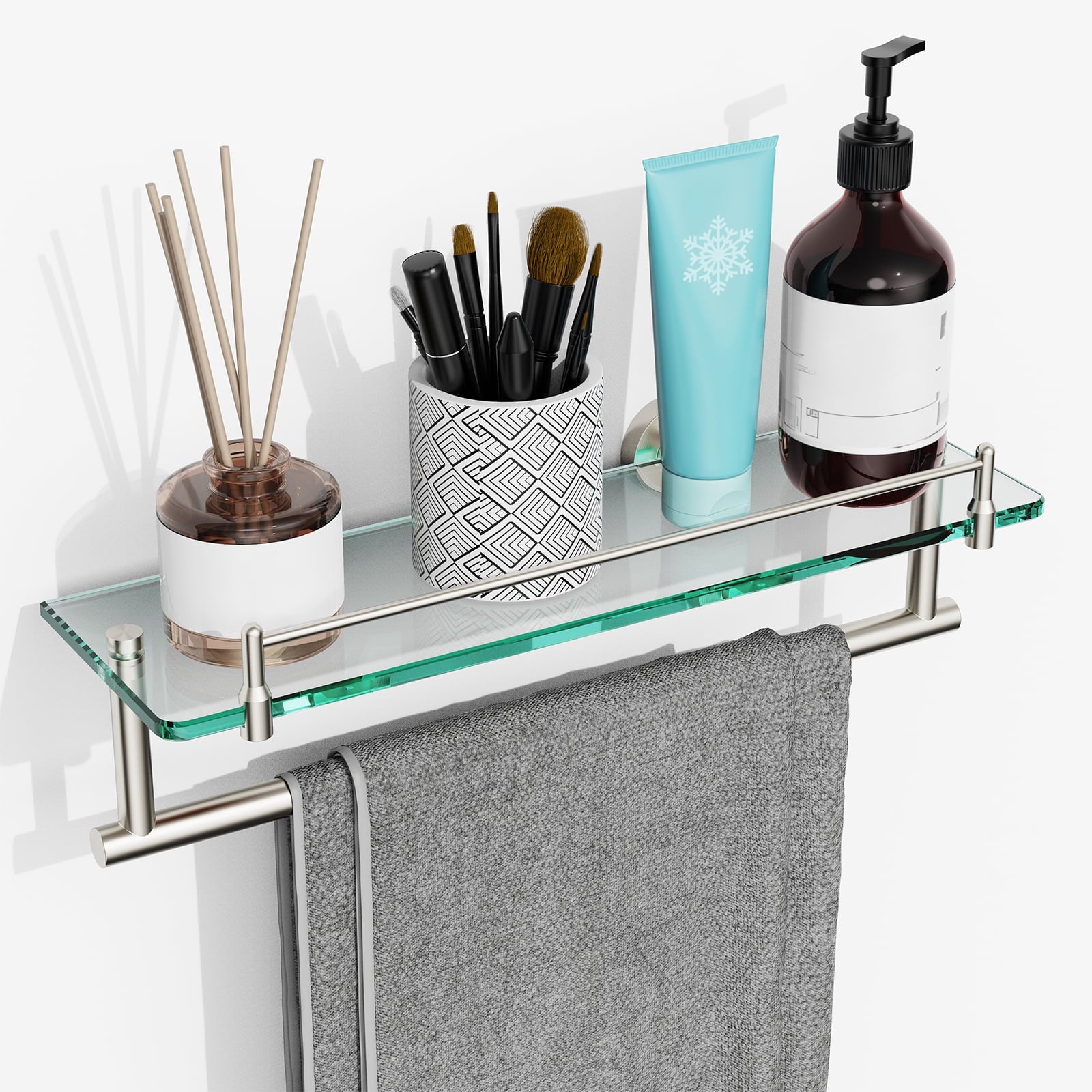 Bathroom Glass Shelf with Railing, Floating Tempered Glass Bathroom Wall Shelf Rectangle 16 Inch Over The Toilet Storage Cabinet, Gaming Floating Shelves, Bathroom Accessories and Home Decor