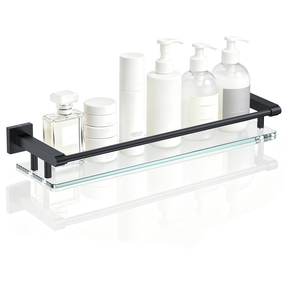 Bathroom Glass Shelf with Full-coverage Railing, Floating Tempered Glass Bathroom Wall Shelf Rectangle 20 Inch Shelves Chrome Polished Bracket Mount Modern