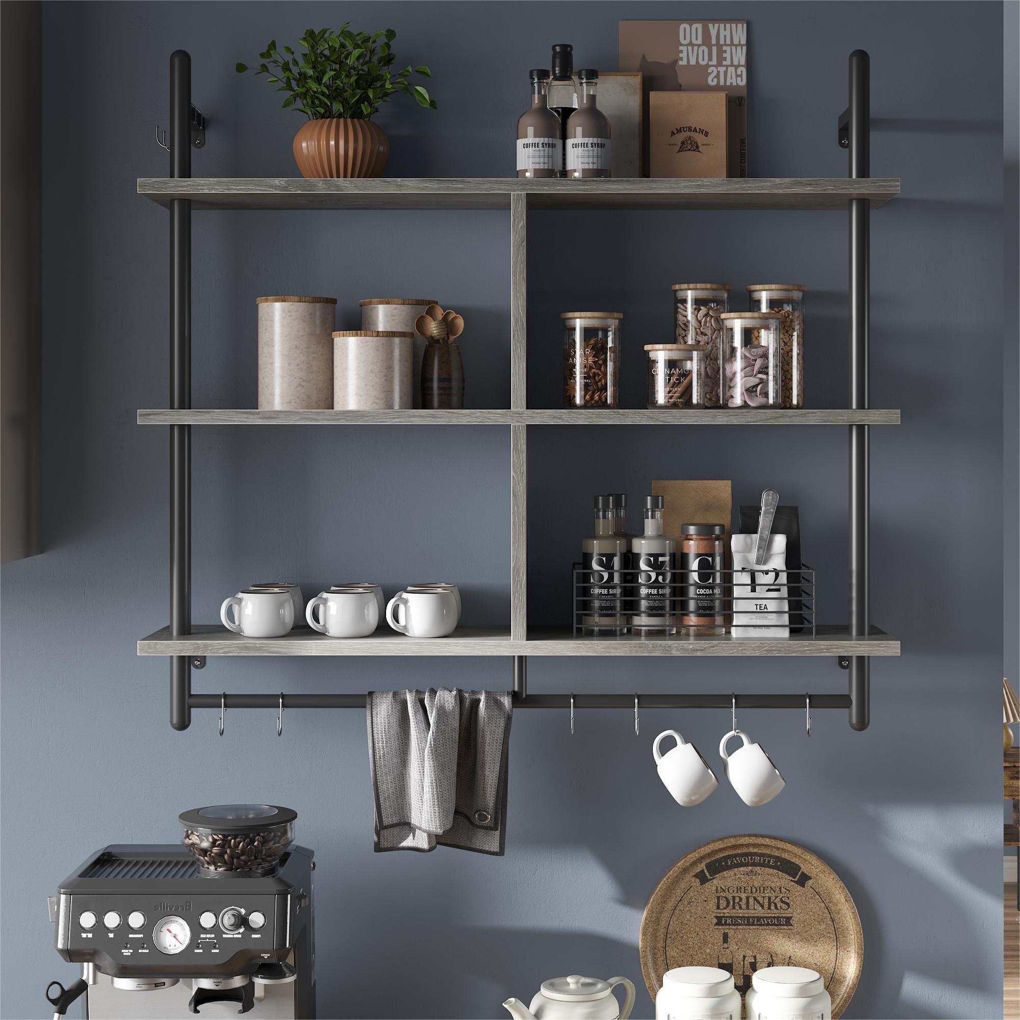 Bestier 41" Industrial Pipe Shelves Wall Mount, 3-Tier Floating Shelves for Kitchen Bedroom Bathroom in Grey