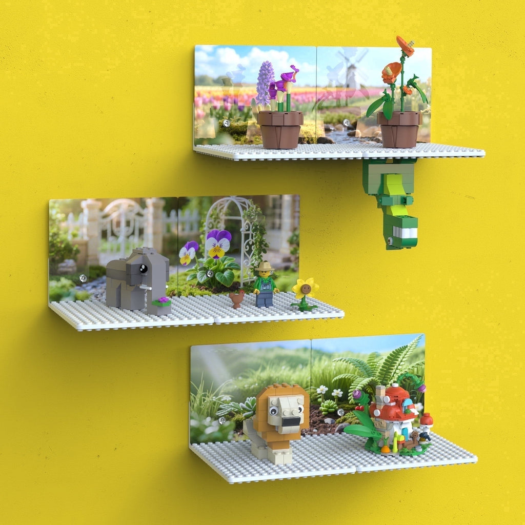 BlissBox 6-pack Floating Shelves, Lego Compatible, Flower Garden Theme, Toy Brick Storage Display, White