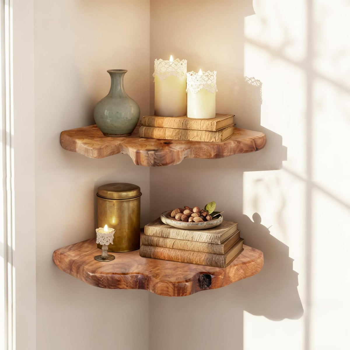 Corner Floating Shelf Set of 2, Solid Cedar Wood 10.86 x 11.5 inches Floating Corner Shelves for Bedroom, Living Room, Bathroom, Kitchen