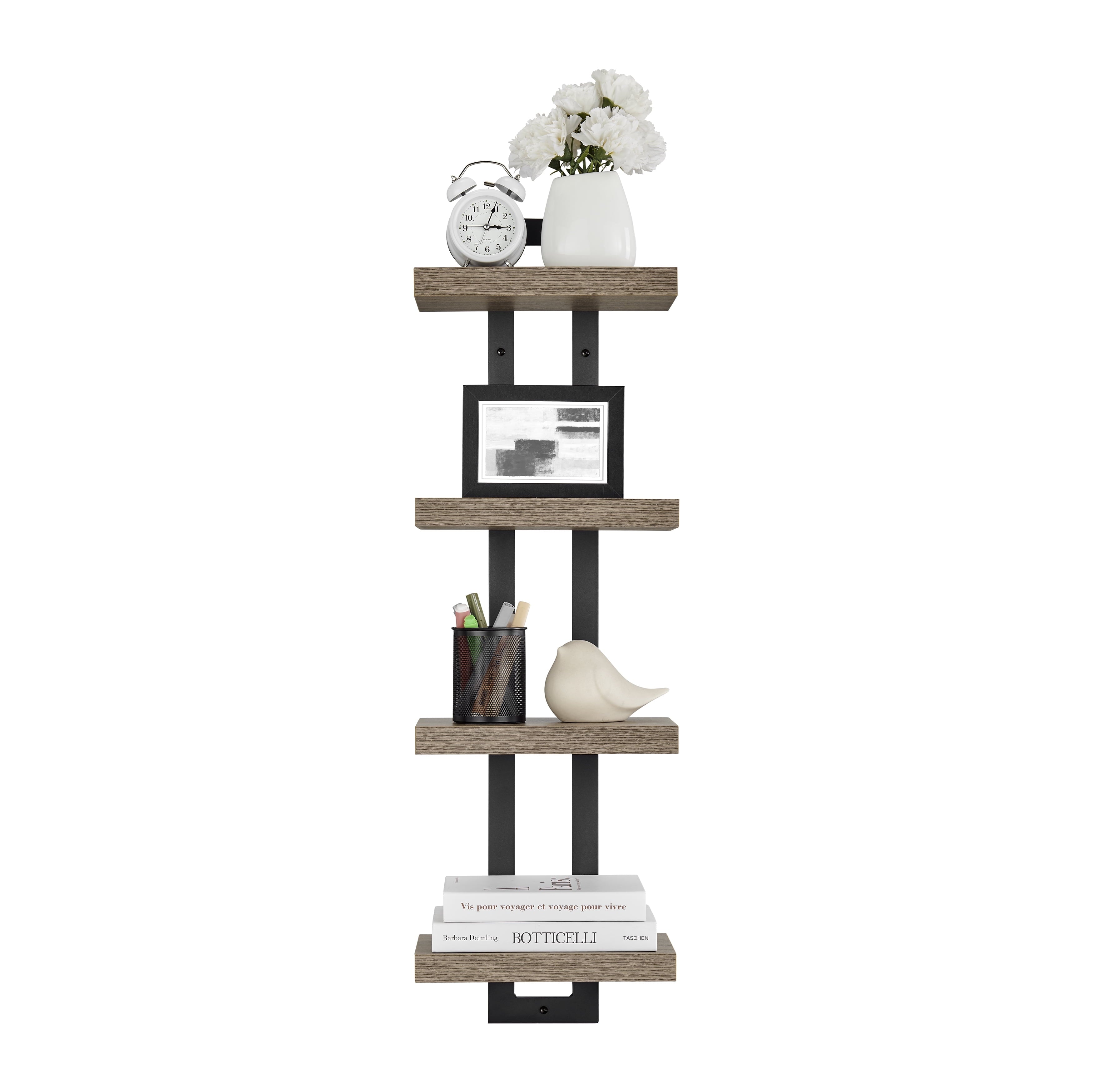 Danya B. 4-Tier Ladder Bracket Floating Wall Shelves - Black Metal and Walnut Finish