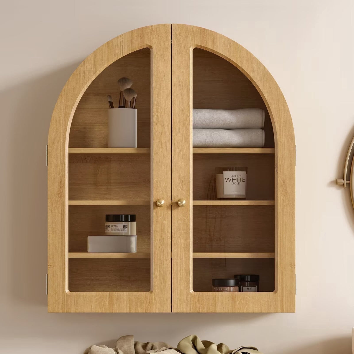 EYYTHUNG Modern Arched Wall Cabinet, Farmhouse Bathroom Storage Cabinet Large Medicine Cupboard with Adjustable Shelf, Brown Oak