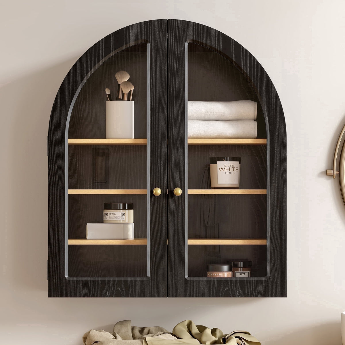 EYYTHUNG Modern Arched Wall Cabinet, Farmhouse Bathroom Storage Cabinet Large Medicine Cupboard with Adjustable Shelf, Brown Oak