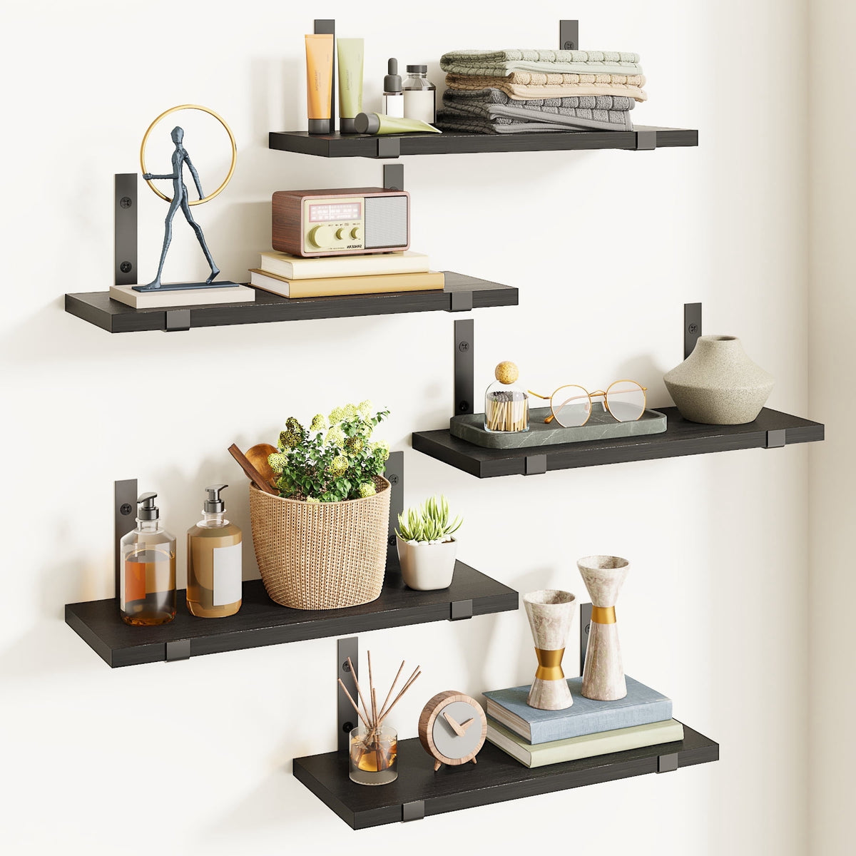 Fairy Floating Shelves, Rustic Wood Wall Storage Shelves Set of 5, 15.7in x 4.7in x 0.6in, White